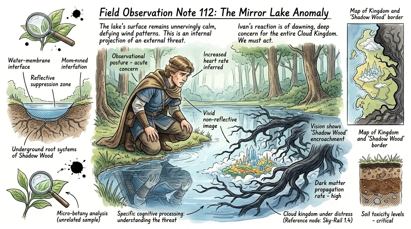 Ivan reached the Mirror Lake, its surface undisturbed. As he gazed into it, he saw not his own reflection, but the Shadow Wood consuming his cloud kingdom. Ivan reached the Mirror Lake, its surface undisturbed. As he gazed into it, he saw not his own reflection, but the Shadow Wood consuming his cloud kingdom.