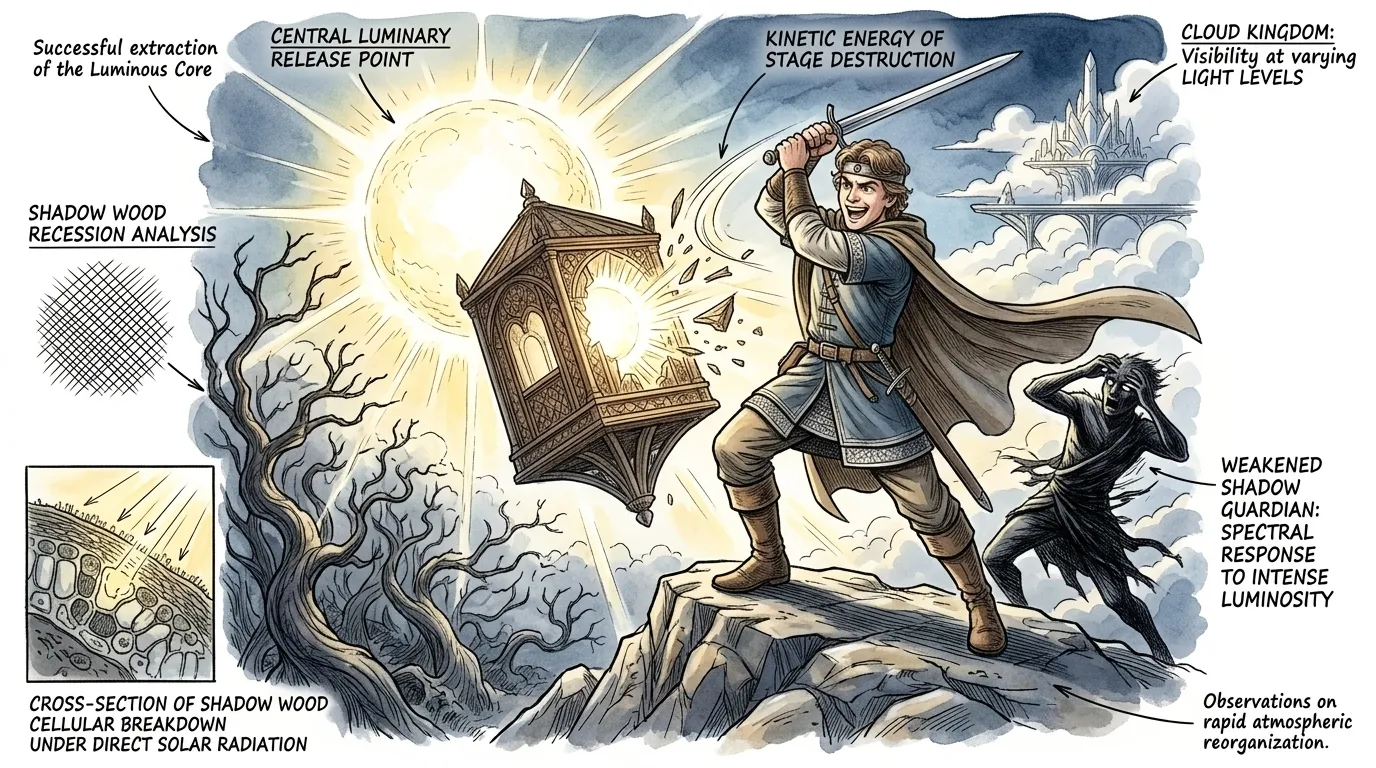 At the summit, a cage held the stolen sun, its light fading. A shadowy figure stood guard, weakened by the sunstone. With a final burst of strength, Ivan… At the summit, a cage held the stolen sun, its light fading. A shadowy figure stood guard, weakened by the sunstone. With a final burst of strength, Ivan…