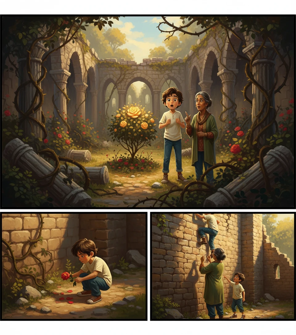 Reaching the top, Felix gasped. "Whoa!" A vast, overgrown rose garden stretched before them, its thorny vines snaking across the courtyard. Reaching the top, Felix gasped. "Whoa!" A vast, overgrown rose garden stretched before them, its thorny vines snaking across the courtyard.