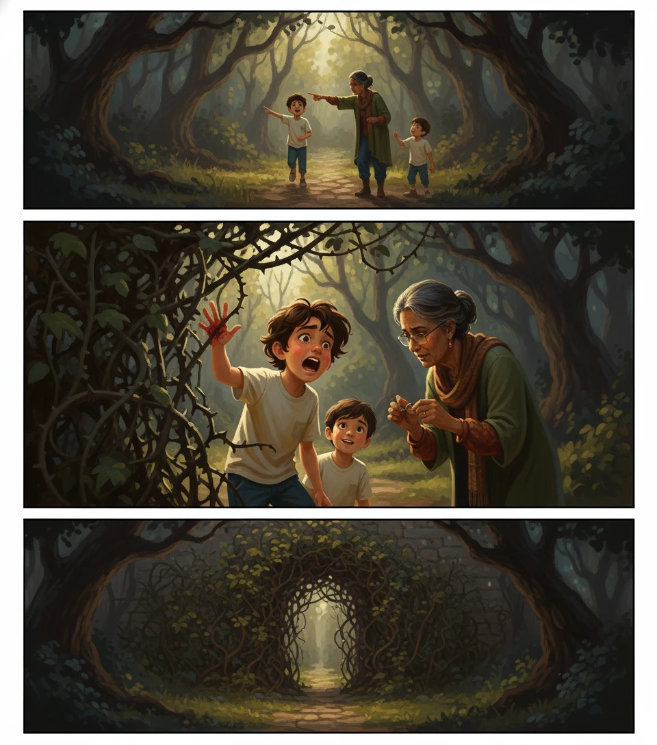 The path led them deeper into the garden, the thorns growing thicker and sharper. Suddenly, a thicket of thorny vines blocked their way. The path led them deeper into the garden, the thorns growing thicker and sharper. Suddenly, a thicket of thorny vines blocked their way.