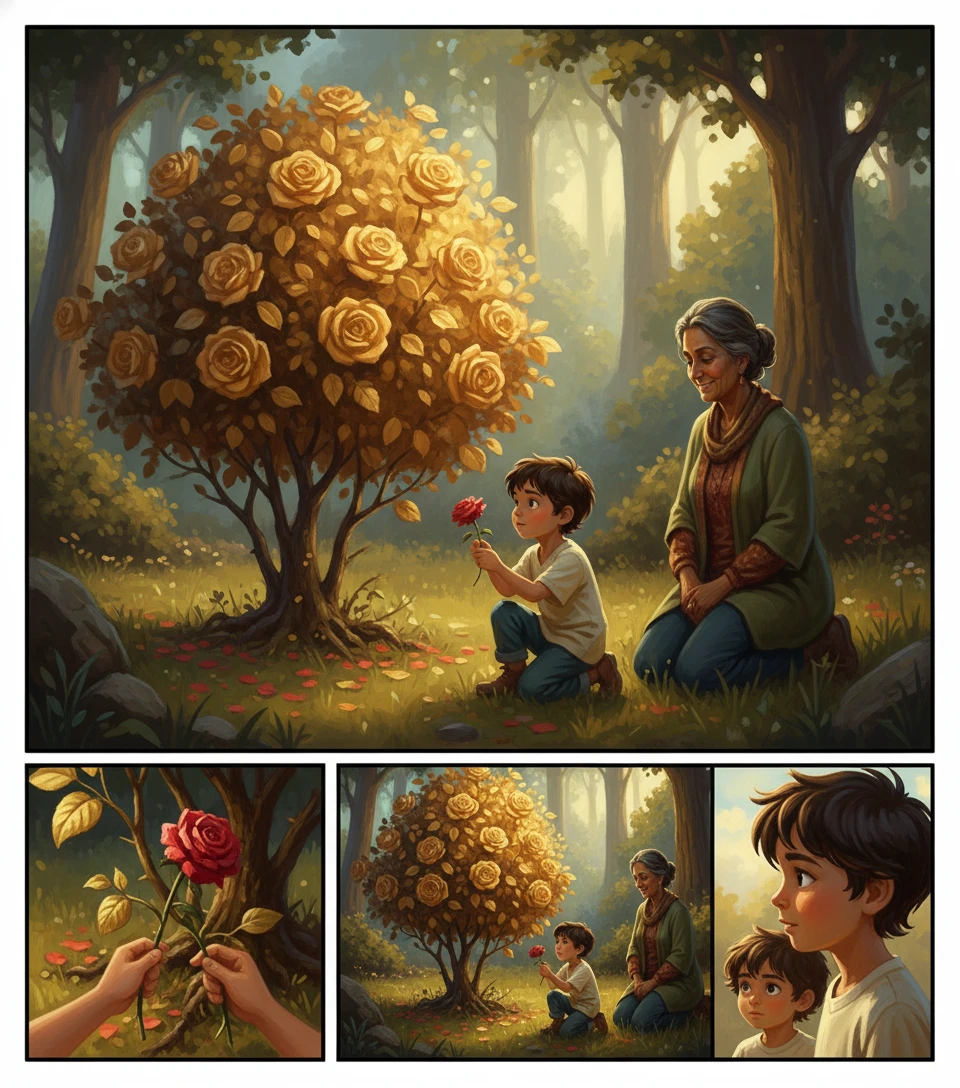 Before them stood the golden rose bush, its single bloom radiating warmth. But at its base lay a wilting ordinary rose. Kenji picked the regular rose up and… Before them stood the golden rose bush, its single bloom radiating warmth. But at its base lay a wilting ordinary rose. Kenji picked the regular rose up and…