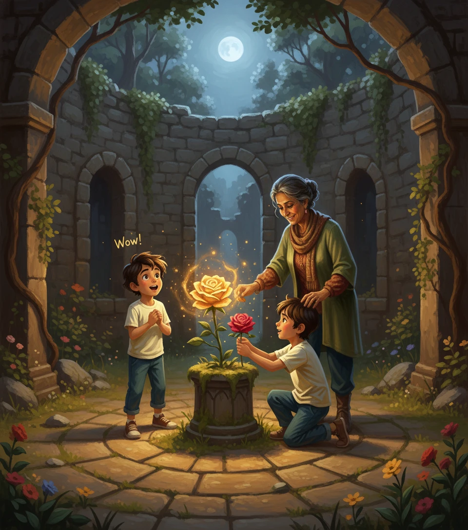 As Kenji placed the ordinary rose next to the golden one, both began to glow. The golden rose shimmered, its light spreading to the wilting rose, restoring it… As Kenji placed the ordinary rose next to the golden one, both began to glow. The golden rose shimmered, its light spreading to the wilting rose, restoring it…