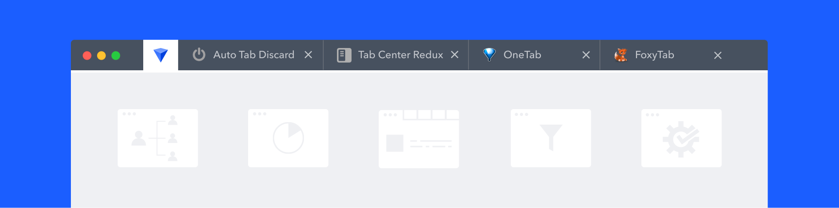 Browser interface against blue background, with top Firefox tab managers displayed as tabs