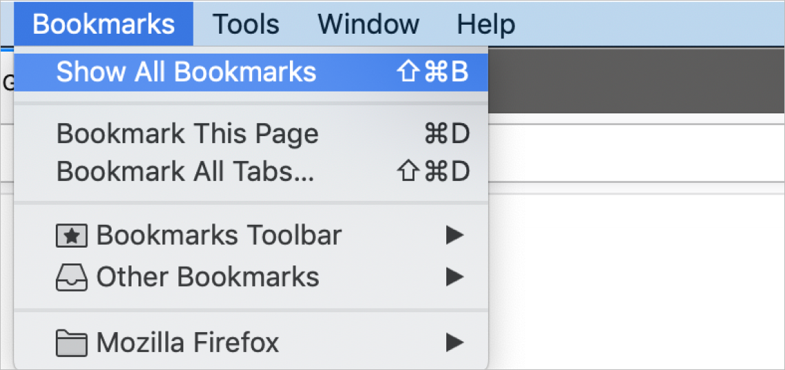 Firefox browser screenshot of the menu item Show All Bookmarks