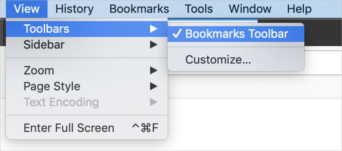 Firefox browser screenshot with the Bookmarks Tool enabled from the View menu