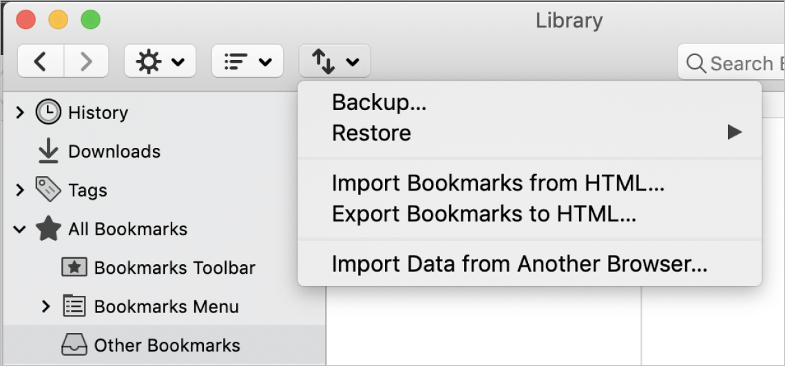 Firefox browser screenshot showing the Import and Export options within the Library feature