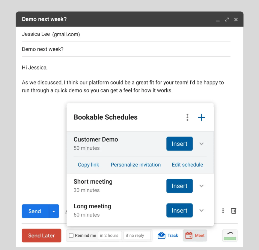 Screenshot of Boomerang's Bookable Schedule feature allowing users to book meetings within Gmail