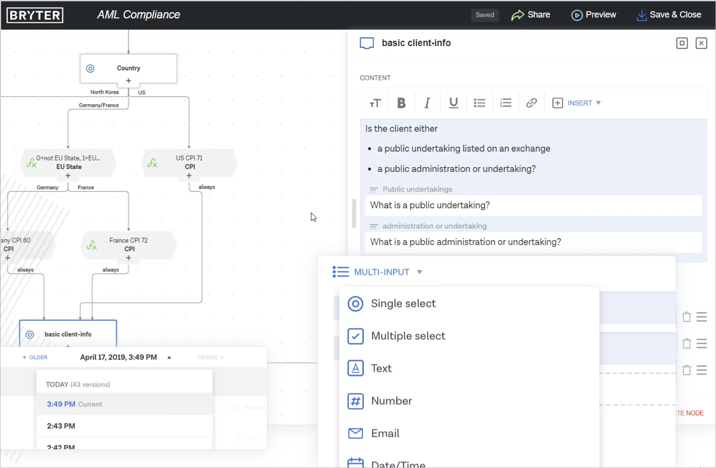Screenshot of user building a compliance workflow in BRYTER