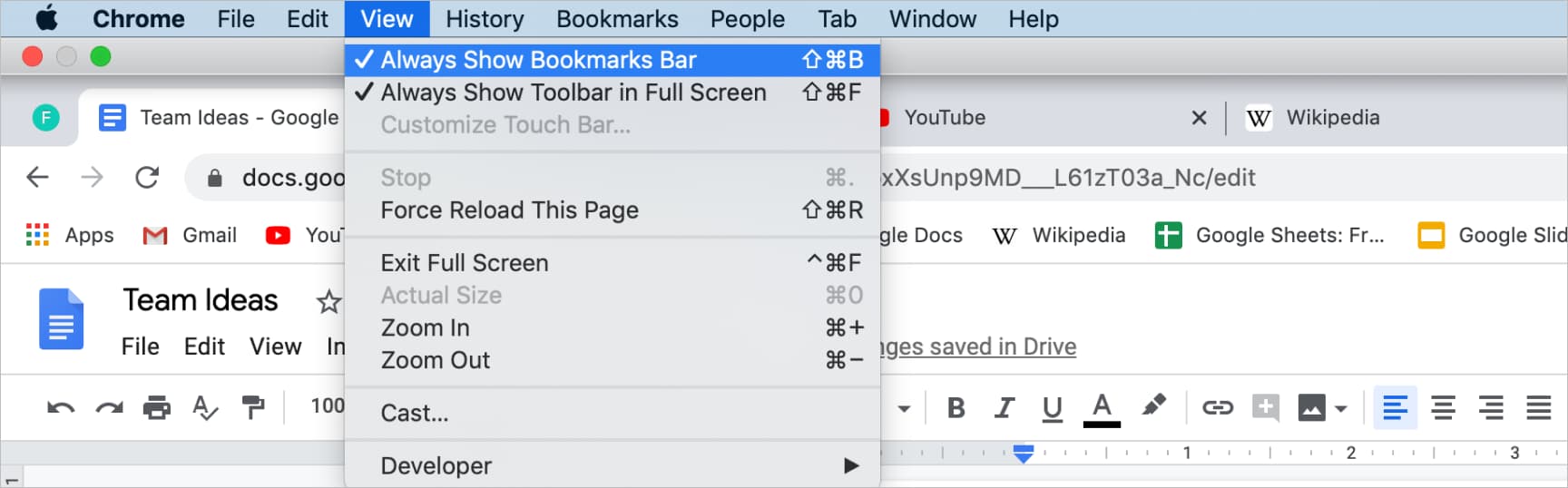 Screenshot of Google Chrome menu option to always show bookmarks bar