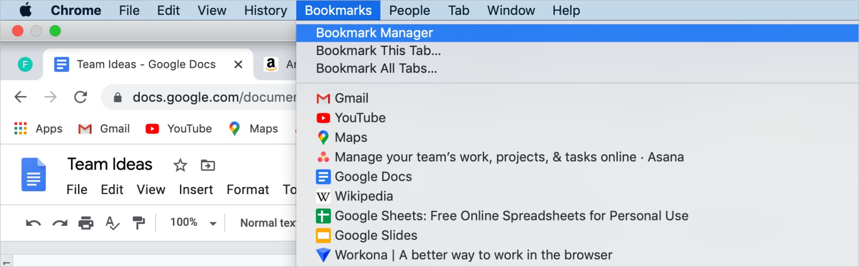Screenshot of Google Chrome menu option for opening the bookmark manager