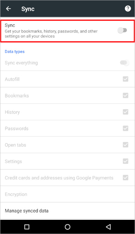 Screenshot of the iOS sync settings page in Chrome