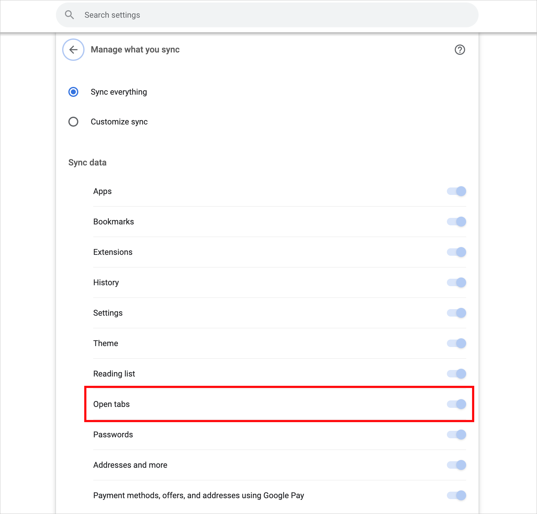 Screenshot of Google Chrome tab sync troubleshooting by specifying sync settings