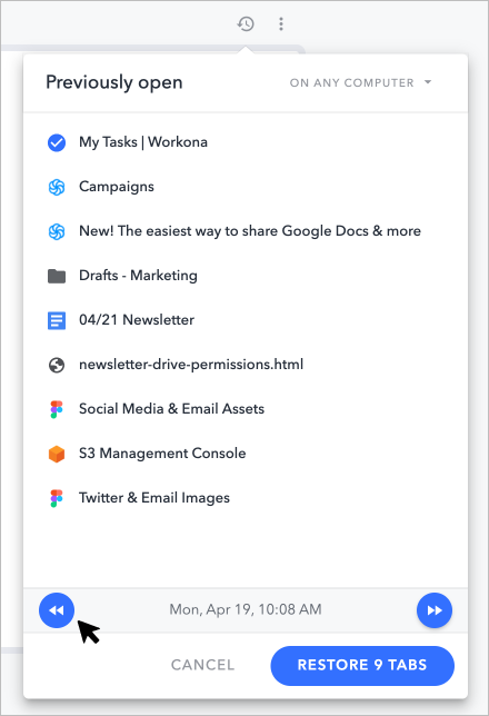 Screenshot of Workona's restore tabs modal, which allows you to sync recent tab changes to your device