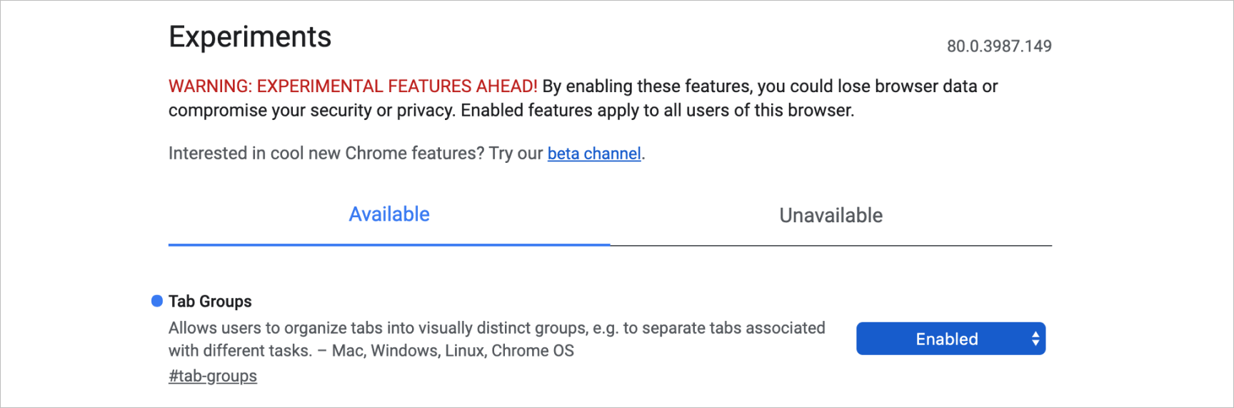 Screenshot of Google's experimental features warning