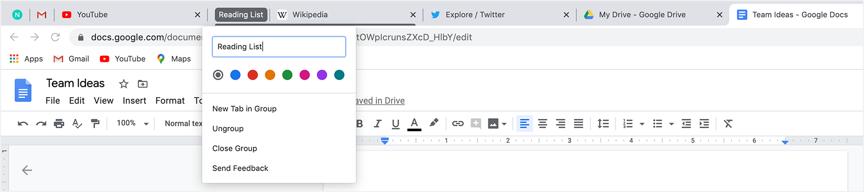 Browser screenshot of a single tab being grouped into a tab group with a colorful border