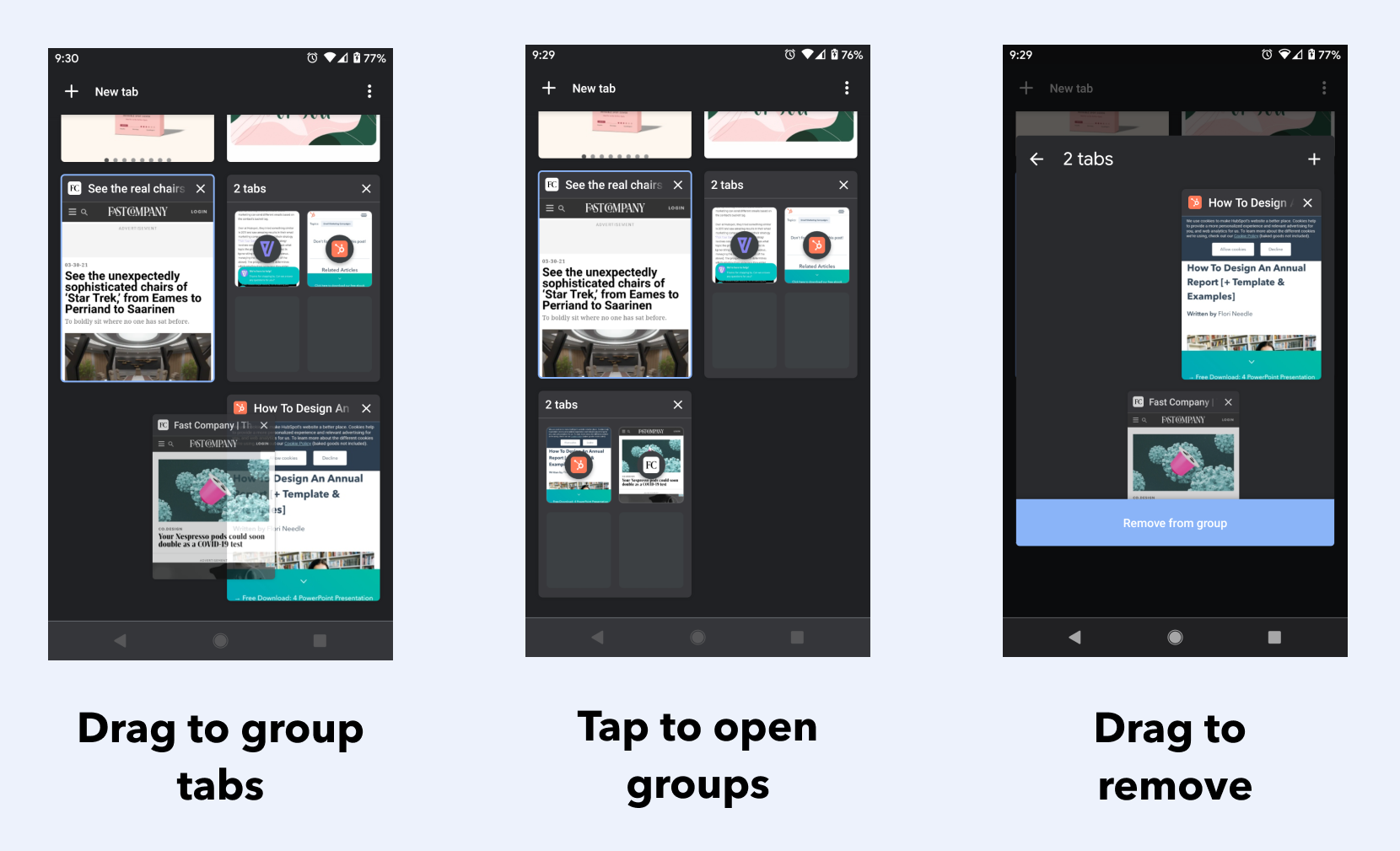 Visual instructions of how to use Chrome Tab Groups on Android: group tabs by dragging, open tab groups by tapping, and remove tabs by dragging