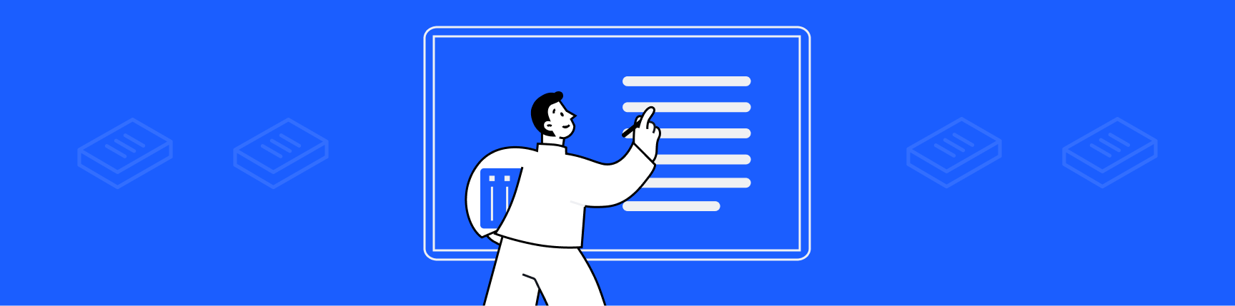 Blue background with worker holding documents that represent a client offboarding plan