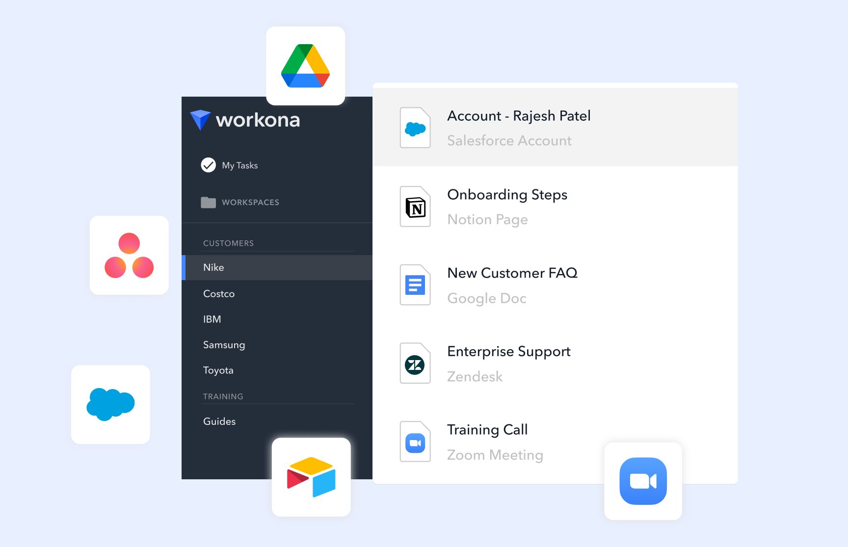 Workona workspace showing customer success docs from various cloud apps, all organized in one place
