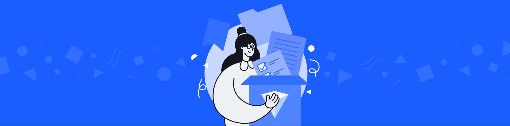 Illustrated figure on a blue background, holding a box filled with documents and tabs