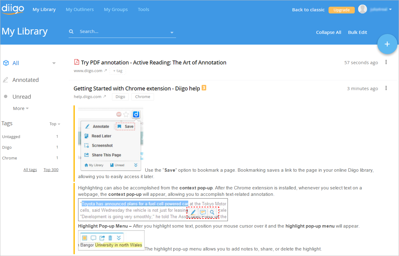 Screenshot of Diigo's annotation feature