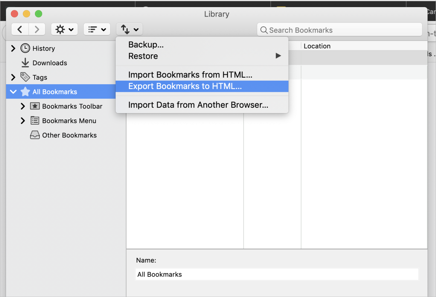 Screenshot of the Firefox library modal for exporting and importing bookmarks