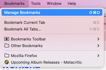 Firefox browser screenshot of the menu item Show All Bookmarks