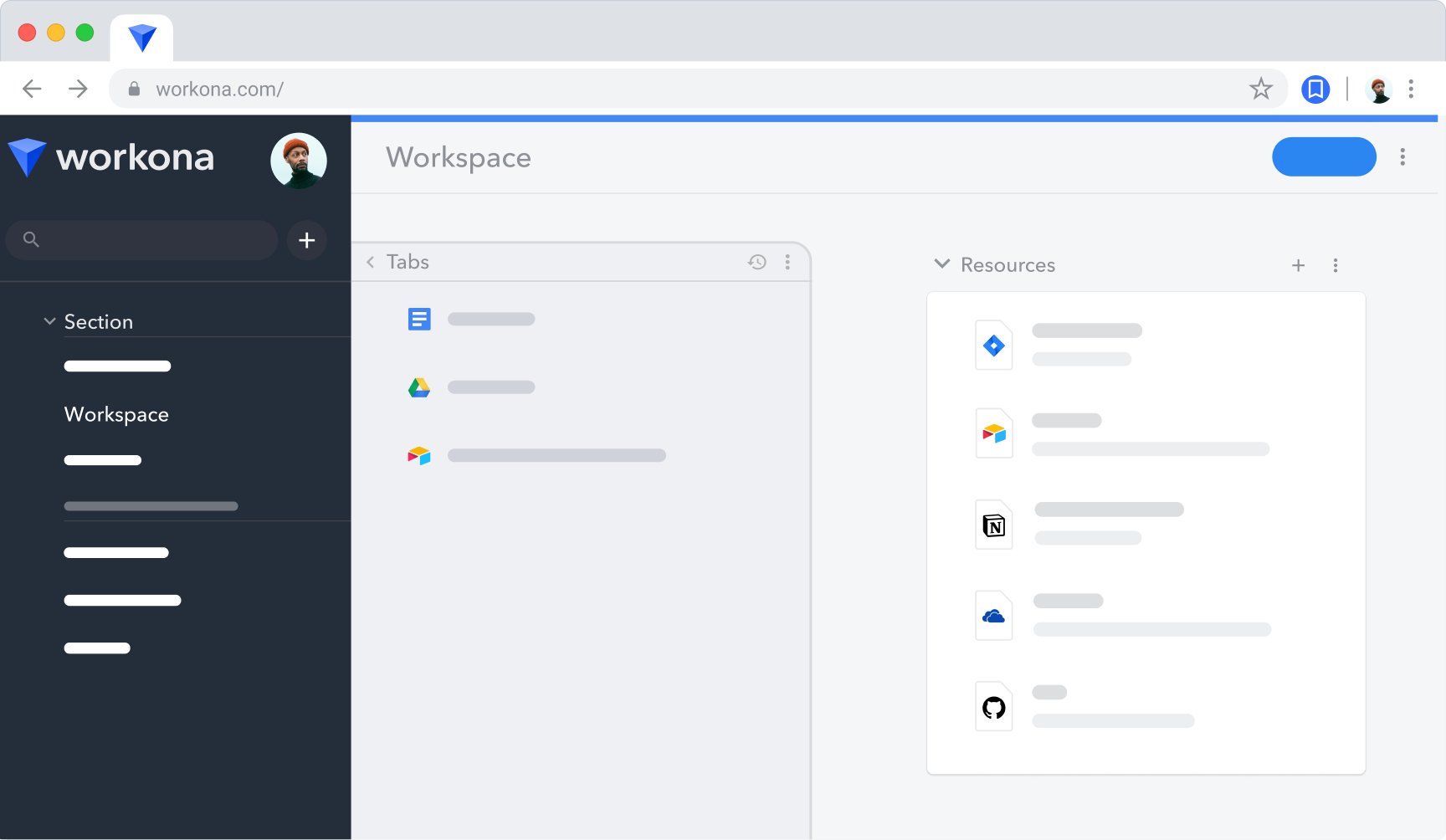 A simple rendering of the Workona interface, including workspaces, tabs, and resources