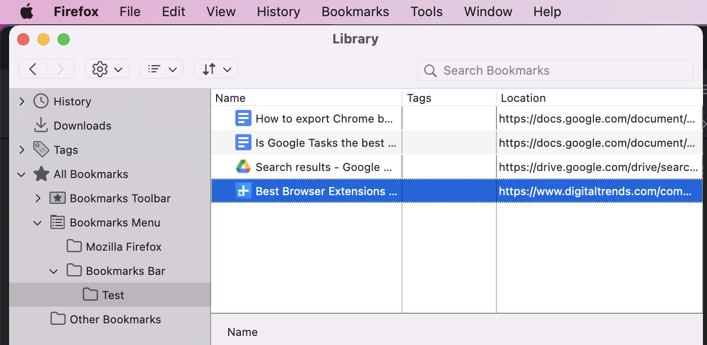 Screenshot of Firefox bookmark library