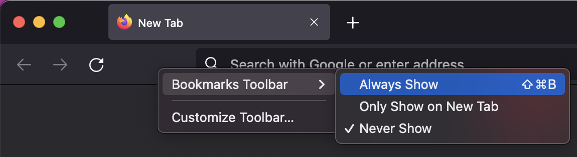Screenshot of Firefox bookmark toolbar visibility options
