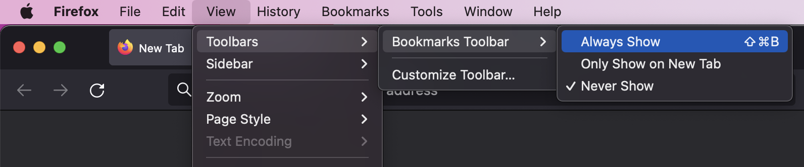 Firefox browser screenshot with the Bookmarks Tool enabled from the View menu