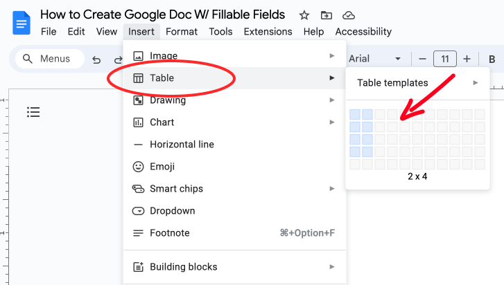 Screenshot of inserting table in Google Docs