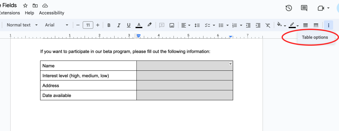 Screenshot of selecting table option in Google Docs