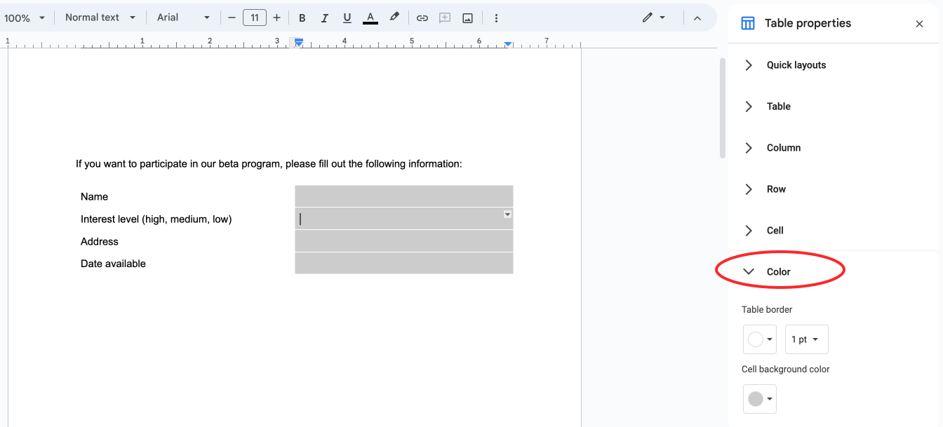 Screenshot of selecting border and cell attributes for a table in Google Docs