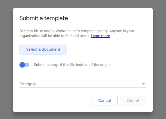 Screenshot of submit template popup in Google Docs