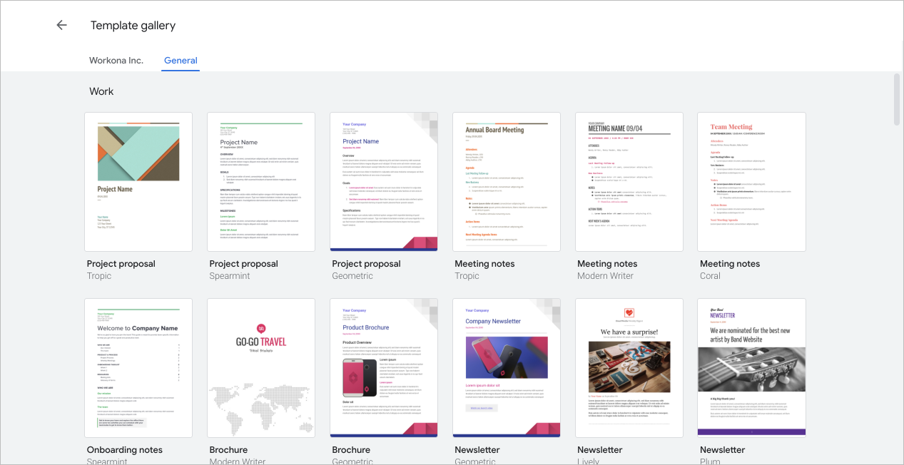 Screenshot of general template gallery in Google Docs