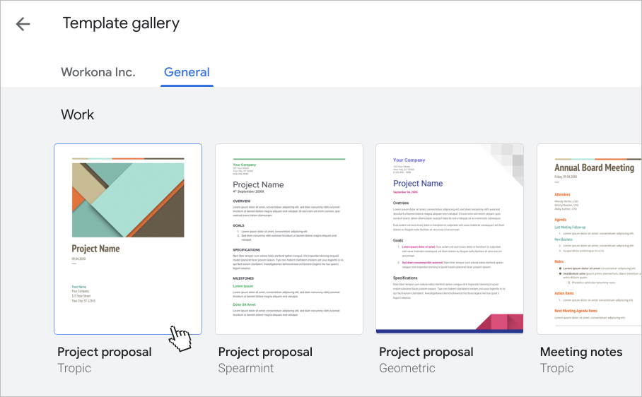 Screenshot of selecting a Google Doc template from the gallery