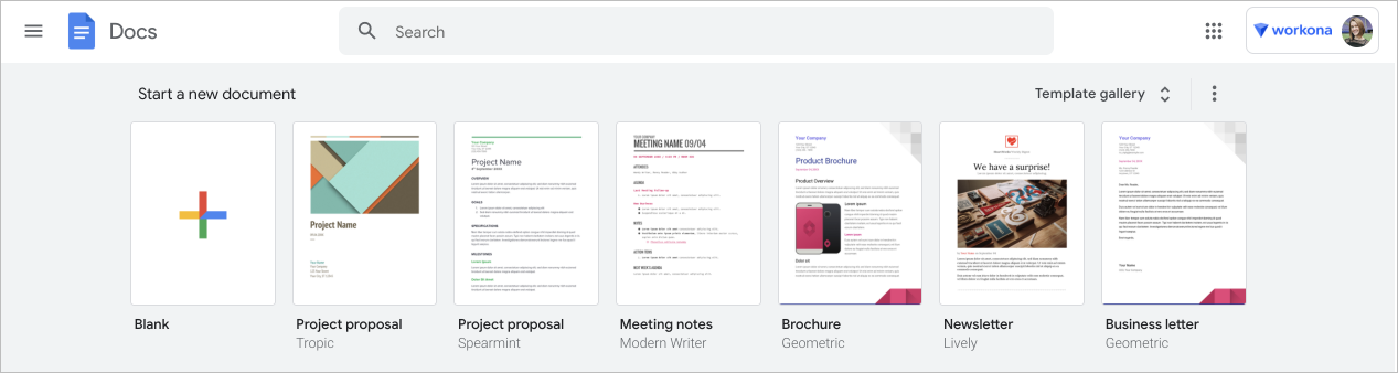 Screenshot of the Google Docs template gallery