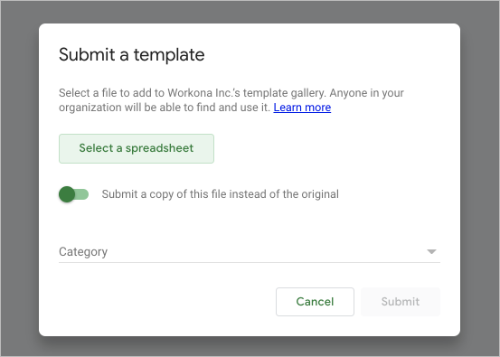 Screenshot of submit template popup in Google Sheets