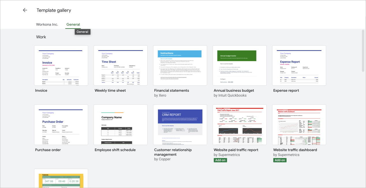 Screenshot of general template gallery in Google Sheets