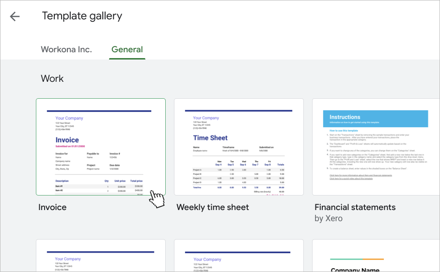 Screenshot of selecting a Google Sheet template from the gallery