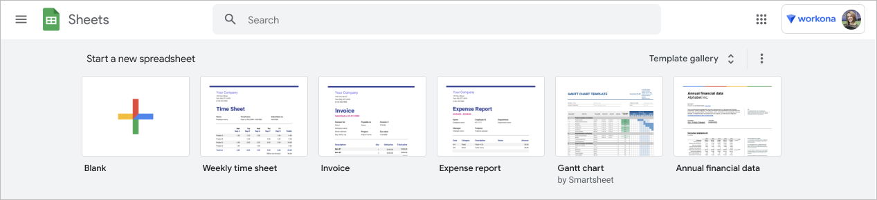 Screenshot of the Google Sheets template gallery