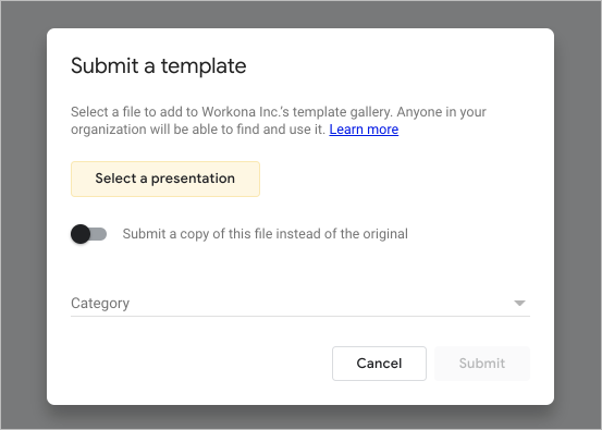 Screenshot of submit template popup in Google Slides