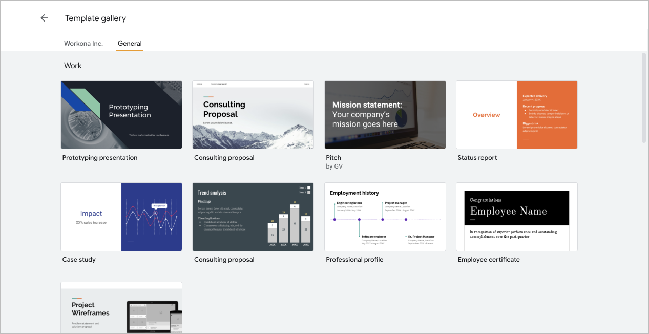 Screenshot of general template gallery in Google Slides