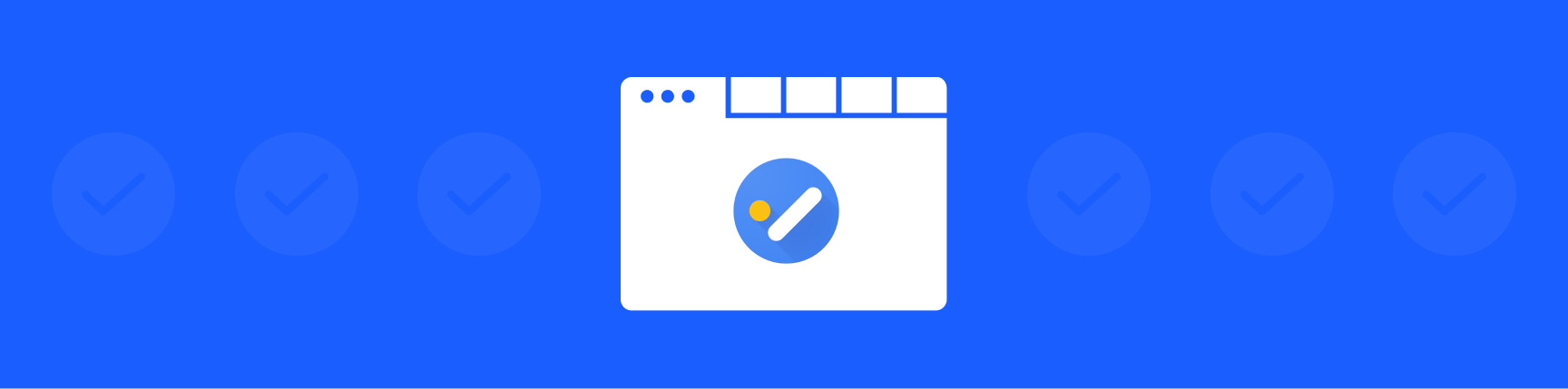 Google Tasks logo on white browser screen, surrounded by checkmark icons on a blue background