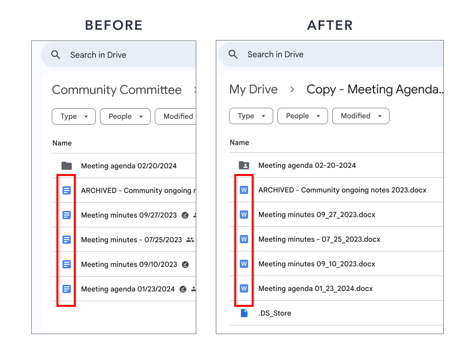Before and after graphic showing Google docs converted to new file types in the Google Drive interface