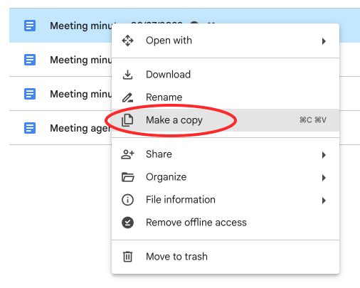 Screenshot of Google Drive menu with make a copy option selected