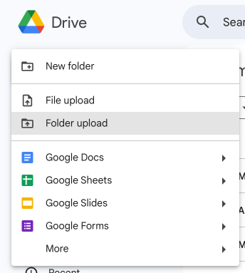 Screenshot of Google Drive menu with folder upload option selected