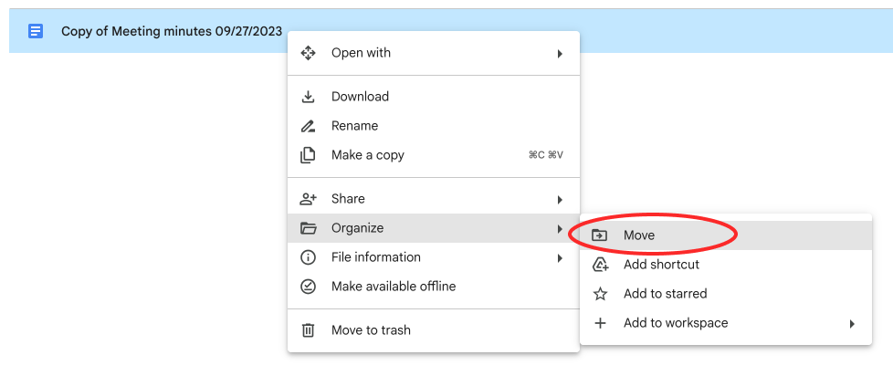 Screenshot of Google Drive menu with move option selected