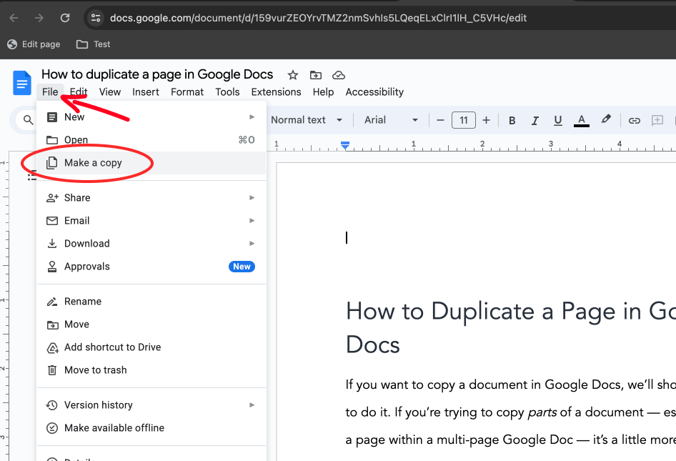 Screenshot of file menu in Google Docs