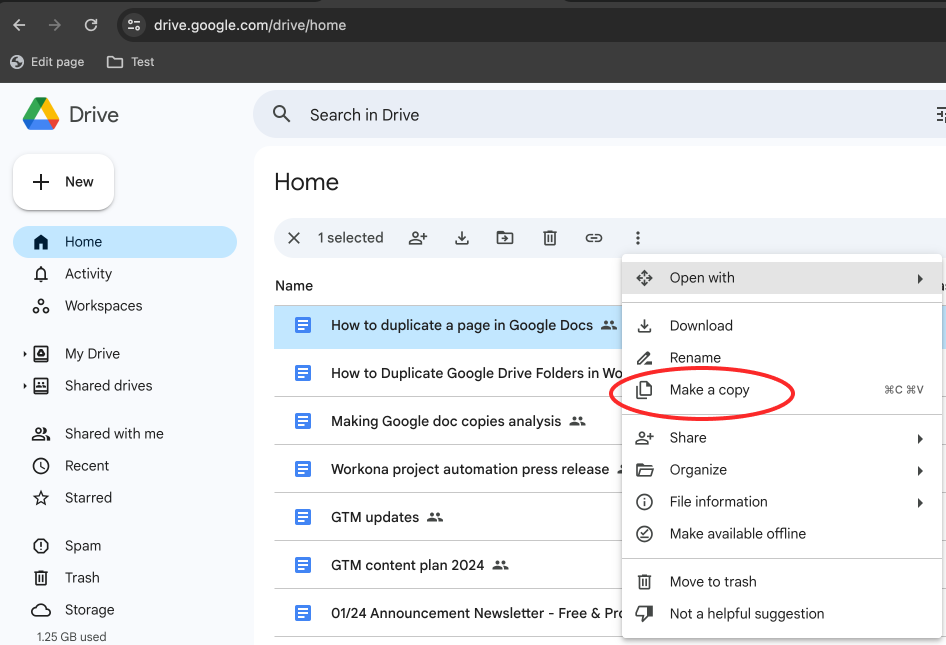 Screenshot of Google Drive Home with right-click menu open to duplicate the Google Doc